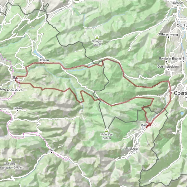 Miniatua del mapa de inspiración ciclista "Ruta de Grava por Riezlern" en Vorarlberg, Austria. Generado por Tarmacs.app planificador de rutas ciclistas