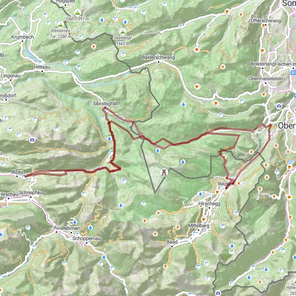 Zemljevid v pomanjšavi "Pustolovska gravel vožnja blizu Riezlerja" kolesarske inspiracije v Vorarlberg, Austria. Generirano z načrtovalcem kolesarskih poti Tarmacs.app