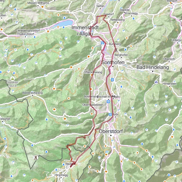 Miniatua del mapa de inspiración ciclista "Aventura en Bicicleta de Grava cerca de Riezlern" en Vorarlberg, Austria. Generado por Tarmacs.app planificador de rutas ciclistas