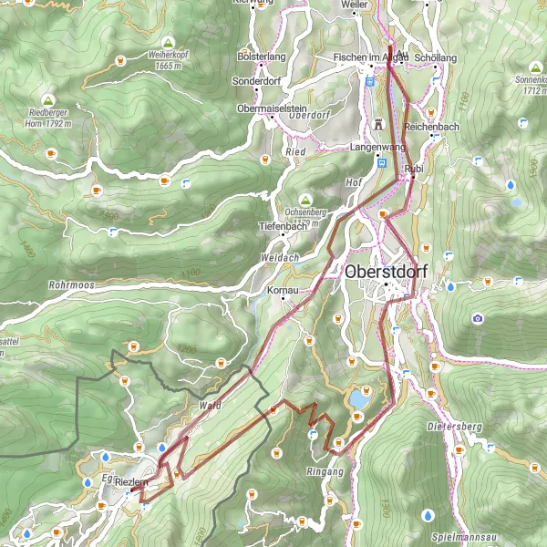 Mapa miniatúra "Gravel cycling to Oberstdorf and Söllereck" cyklistická inšpirácia v Vorarlberg, Austria. Vygenerované cyklistickým plánovačom trás Tarmacs.app