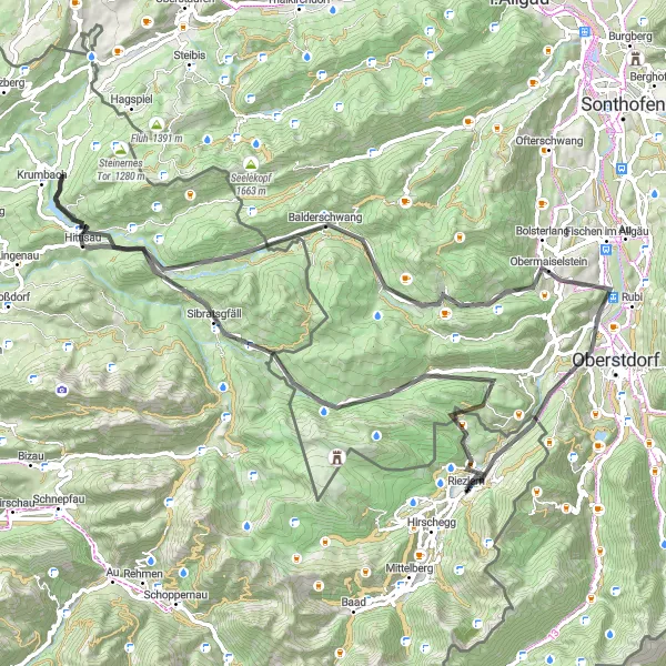 Miniatua del mapa de inspiración ciclista "Travesía por Balderschwang en Carretera" en Vorarlberg, Austria. Generado por Tarmacs.app planificador de rutas ciclistas