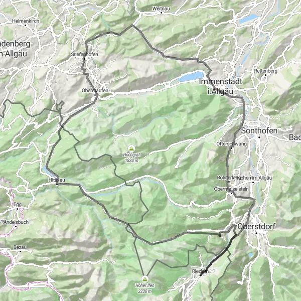 Mapa miniatúra "Jazda okolo Riezlern (Vorarlberg, Rakúsko)" cyklistická inšpirácia v Vorarlberg, Austria. Vygenerované cyklistickým plánovačom trás Tarmacs.app
