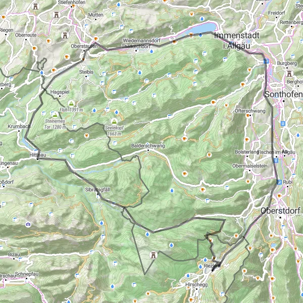 Miniatua del mapa de inspiración ciclista "Ruta de ciclismo de carretera a Immenstadt" en Vorarlberg, Austria. Generado por Tarmacs.app planificador de rutas ciclistas