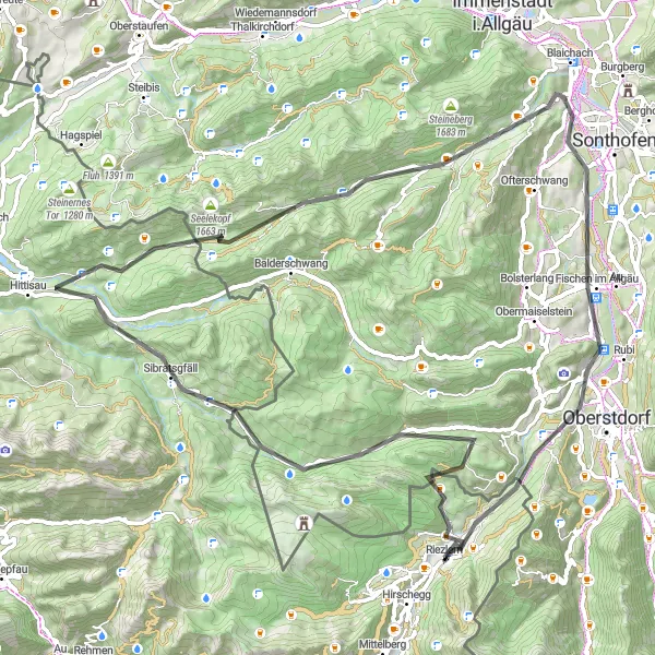 Miniatua del mapa de inspiración ciclista "Vuelta a Gunzesried en Carretera" en Vorarlberg, Austria. Generado por Tarmacs.app planificador de rutas ciclistas