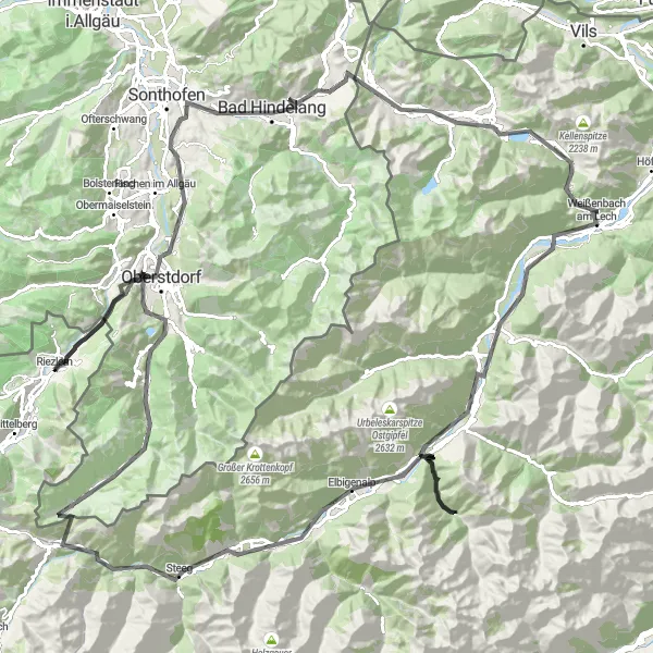 Miniature de la carte de l'inspiration cycliste "Défi montagneux vers Schrofenpass" dans la Vorarlberg, Austria. Générée par le planificateur d'itinéraire cycliste Tarmacs.app