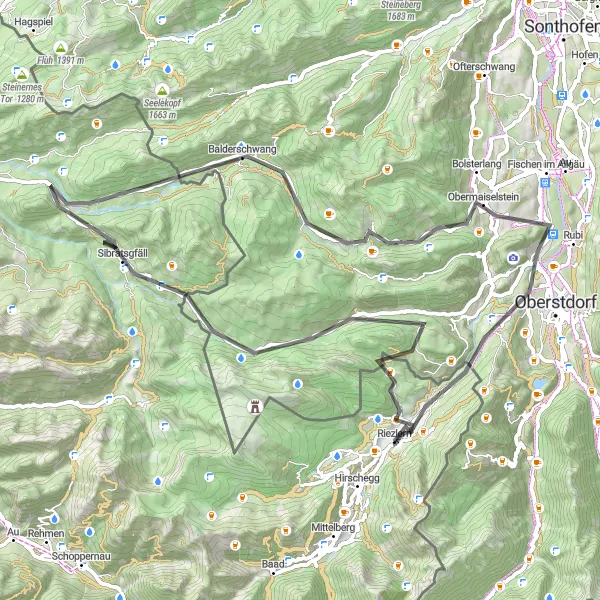Miniature de la carte de l'inspiration cycliste "Parcours panoramique autour de Riezlern" dans la Vorarlberg, Austria. Générée par le planificateur d'itinéraire cycliste Tarmacs.app