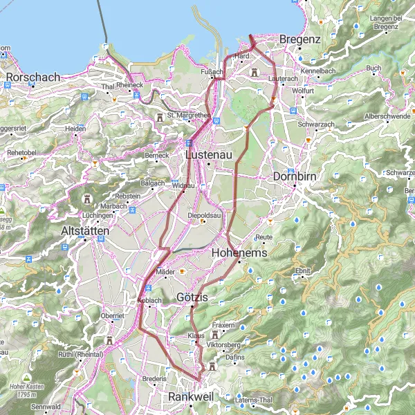 Zemljevid v pomanjšavi "Raziskovanje Vorarlberga po makadamskih poteh" kolesarske inspiracije v Vorarlberg, Austria. Generirano z načrtovalcem kolesarskih poti Tarmacs.app