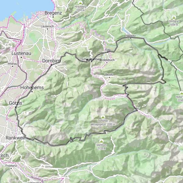 Map miniature of "Challenging Ride to Sibratsgfäll and Furkajoch" cycling inspiration in Vorarlberg, Austria. Generated by Tarmacs.app cycling route planner