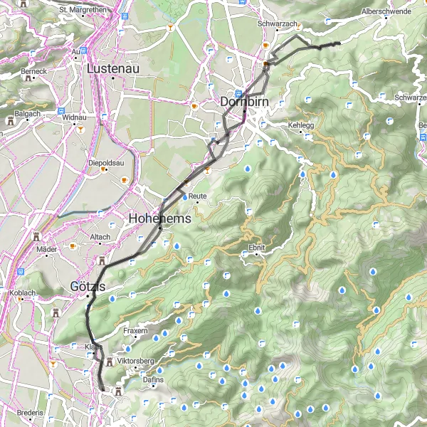 Map miniature of "Scenic Road Escapade" cycling inspiration in Vorarlberg, Austria. Generated by Tarmacs.app cycling route planner