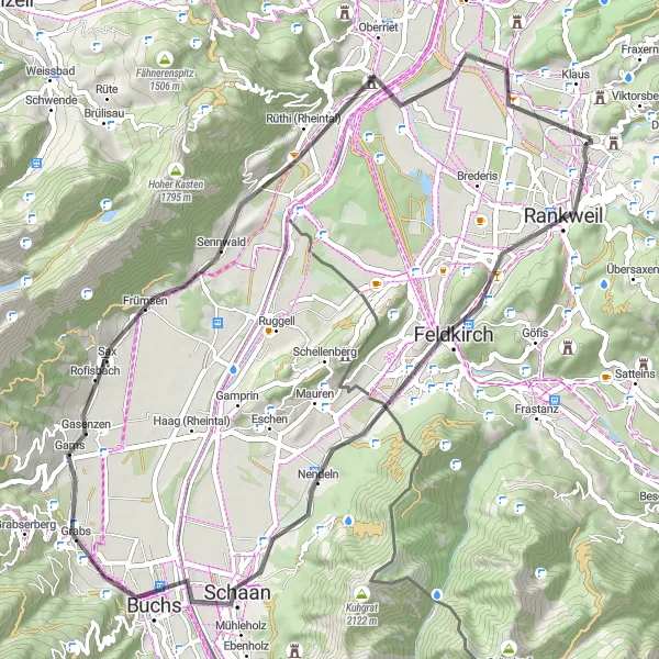 Mapa miniatúra "Cestna trasa do Rankweil" cyklistická inšpirácia v Vorarlberg, Austria. Vygenerované cyklistickým plánovačom trás Tarmacs.app