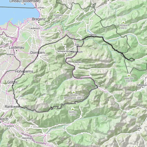 Miniature de la carte de l'inspiration cycliste "Parcours cycliste sensationnel à Andelsbuch" dans la Vorarlberg, Austria. Générée par le planificateur d'itinéraire cycliste Tarmacs.app