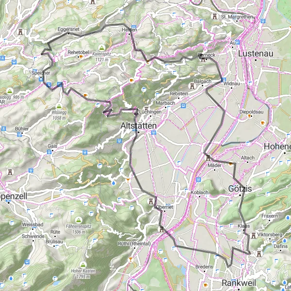 Miniature de la carte de l'inspiration cycliste "Parcours en vélo de route à Oberriet" dans la Vorarlberg, Austria. Générée par le planificateur d'itinéraire cycliste Tarmacs.app