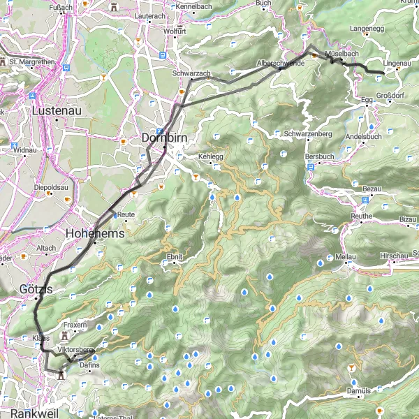 Zemljevid v pomanjšavi "Pogumna vožnja skozi raznoliko Vorarlberško pokrajino" kolesarske inspiracije v Vorarlberg, Austria. Generirano z načrtovalcem kolesarskih poti Tarmacs.app