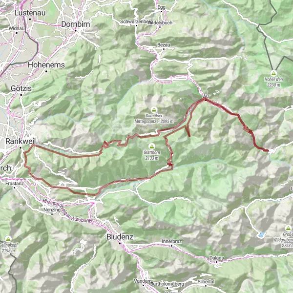 Miniatura della mappa di ispirazione al ciclismo "Tra le montagne del Vorarlberg" nella regione di Vorarlberg, Austria. Generata da Tarmacs.app, pianificatore di rotte ciclistiche