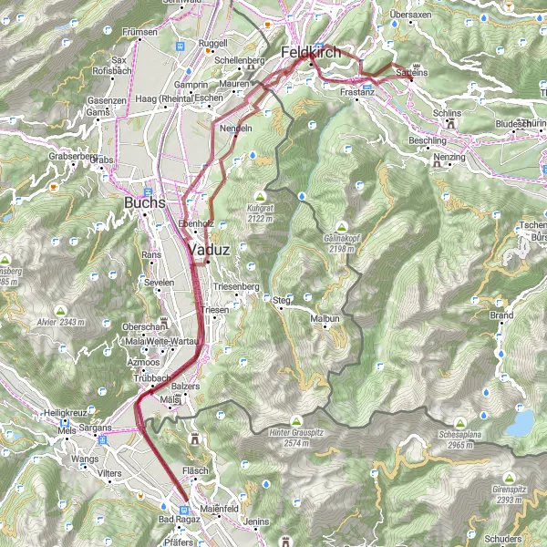 Karttaminiaatyyri "Niederes Känzele - Satteins - Gölis Gravel Bike Adventure" pyöräilyinspiraatiosta alueella Vorarlberg, Austria. Luotu Tarmacs.app pyöräilyreittisuunnittelijalla