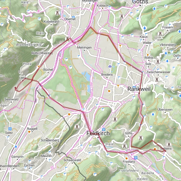 Karttaminiaatyyri "Känzele - Satteins - Rankweil Gravel Bike Loop" pyöräilyinspiraatiosta alueella Vorarlberg, Austria. Luotu Tarmacs.app pyöräilyreittisuunnittelijalla