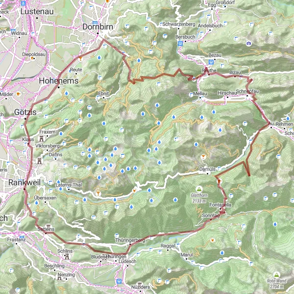 Miniatura della mappa di ispirazione al ciclismo "Tour del Vorarlberg occidentale" nella regione di Vorarlberg, Austria. Generata da Tarmacs.app, pianificatore di rotte ciclistiche