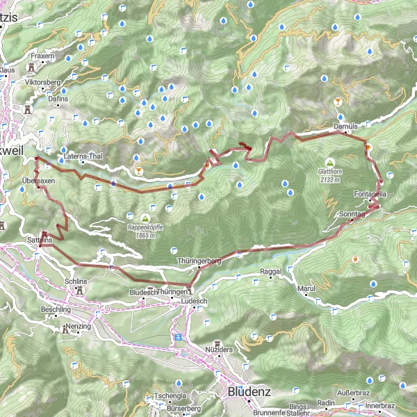 Karttaminiaatyyri "Satteins-Kierafits-Umbrail" pyöräilyinspiraatiosta alueella Vorarlberg, Austria. Luotu Tarmacs.app pyöräilyreittisuunnittelijalla