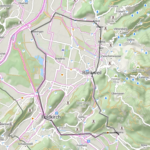 Miniatura della mappa di ispirazione al ciclismo "Esplorazione in bicicletta di Frastanz e dintorni" nella regione di Vorarlberg, Austria. Generata da Tarmacs.app, pianificatore di rotte ciclistiche