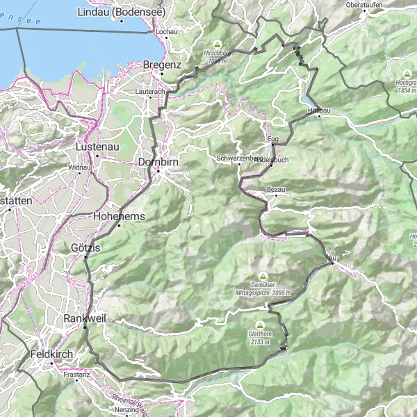 Miniatura della mappa di ispirazione al ciclismo "Sfida tra i paesaggi del Vorarlberg orientale" nella regione di Vorarlberg, Austria. Generata da Tarmacs.app, pianificatore di rotte ciclistiche