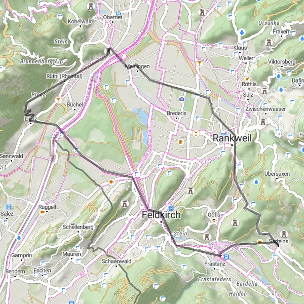 Map miniature of "Feldkirch and Rüthi Loop" cycling inspiration in Vorarlberg, Austria. Generated by Tarmacs.app cycling route planner