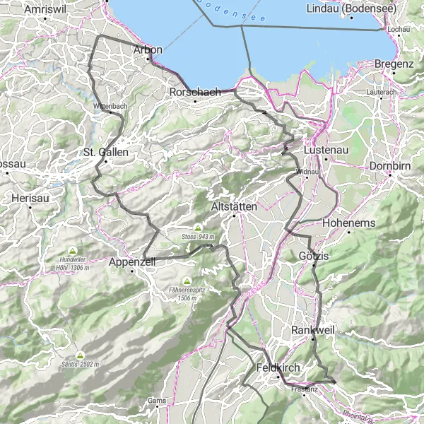 Map miniature of "Thur and Hirschberg Challenge" cycling inspiration in Vorarlberg, Austria. Generated by Tarmacs.app cycling route planner