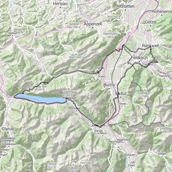 Miniatura della mappa di ispirazione al ciclismo "Avventura ciclistica tra Vorarlberg e Svizzera" nella regione di Vorarlberg, Austria. Generata da Tarmacs.app, pianificatore di rotte ciclistiche