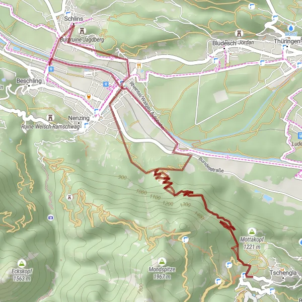 Miniaturní mapa "Gravelová expedice na Jagdberskou hradbu" inspirace pro cyklisty v oblasti Vorarlberg, Austria. Vytvořeno pomocí plánovače tras Tarmacs.app