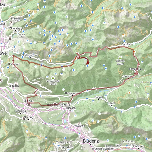 Map miniature of "Mountainous Gravel Expedition" cycling inspiration in Vorarlberg, Austria. Generated by Tarmacs.app cycling route planner