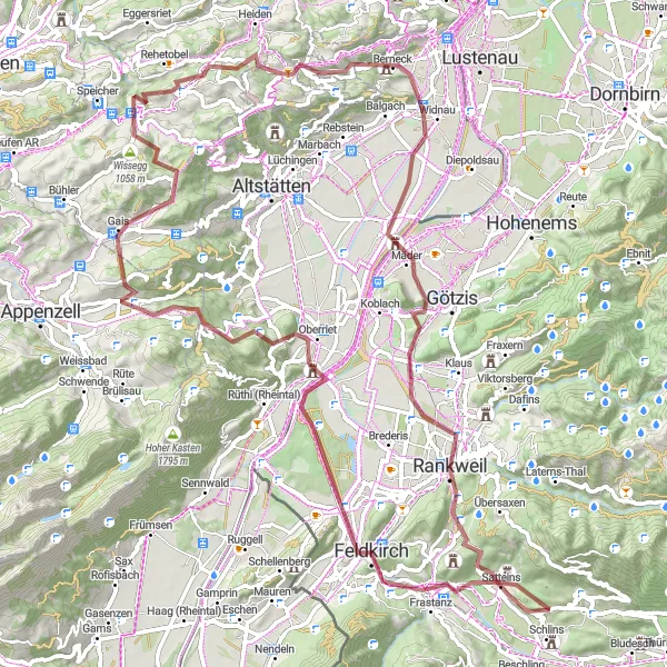 Miniatura della mappa di ispirazione al ciclismo "Tra le vette e i panorami mozzafiato in mountain bike" nella regione di Vorarlberg, Austria. Generata da Tarmacs.app, pianificatore di rotte ciclistiche