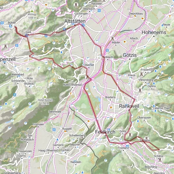 Miniature de la carte de l'inspiration cycliste "Boucle pittoresque à travers la campagne autrichienne" dans la Vorarlberg, Austria. Générée par le planificateur d'itinéraire cycliste Tarmacs.app