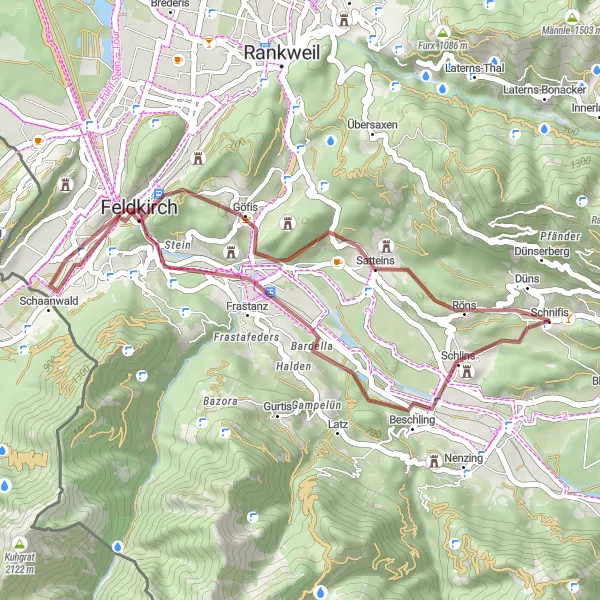 Karttaminiaatyyri "Maastopyöräilyreitti Schlinsin lähellä" pyöräilyinspiraatiosta alueella Vorarlberg, Austria. Luotu Tarmacs.app pyöräilyreittisuunnittelijalla