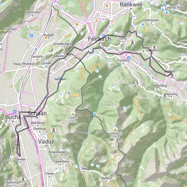 Map miniature of "Feldkirch Loop" cycling inspiration in Vorarlberg, Austria. Generated by Tarmacs.app cycling route planner