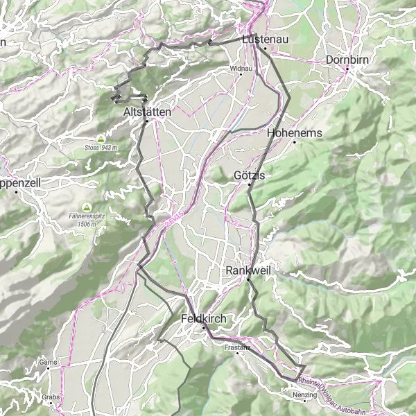 Miniaturní mapa "Road cycling adventure near Schlins" inspirace pro cyklisty v oblasti Vorarlberg, Austria. Vytvořeno pomocí plánovače tras Tarmacs.app