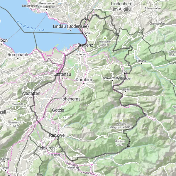 Miniatura della mappa di ispirazione al ciclismo "Il Giro delle Vette del Vorarlberg" nella regione di Vorarlberg, Austria. Generata da Tarmacs.app, pianificatore di rotte ciclistiche