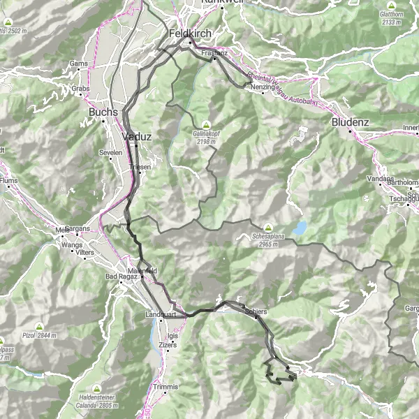 Miniature de la carte de l'inspiration cycliste "Ultimate Road Cycling Challenge from Schlins to Besching" dans la Vorarlberg, Austria. Générée par le planificateur d'itinéraire cycliste Tarmacs.app
