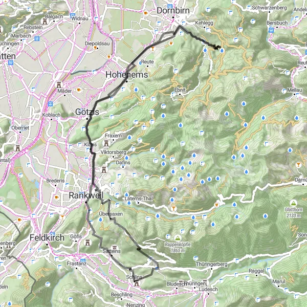 Miniatura della mappa di ispirazione al ciclismo "Il Giro Panoramico del Vorarlberg" nella regione di Vorarlberg, Austria. Generata da Tarmacs.app, pianificatore di rotte ciclistiche