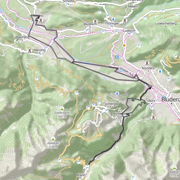 Miniatura mapy "Trasa rowerowa z Schlins do Röns przez Bürserberg i Känzele" - trasy rowerowej w Vorarlberg, Austria. Wygenerowane przez planer tras rowerowych Tarmacs.app