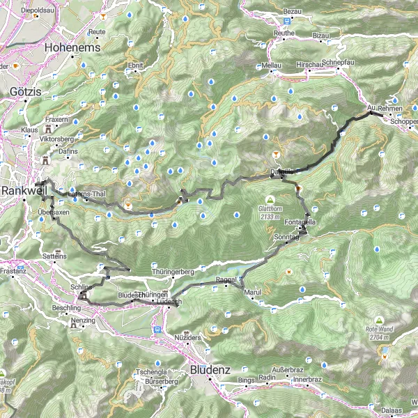 Karttaminiaatyyri "Maanteiden pyöräilyreitti lähellä Schlinsiä" pyöräilyinspiraatiosta alueella Vorarlberg, Austria. Luotu Tarmacs.app pyöräilyreittisuunnittelijalla