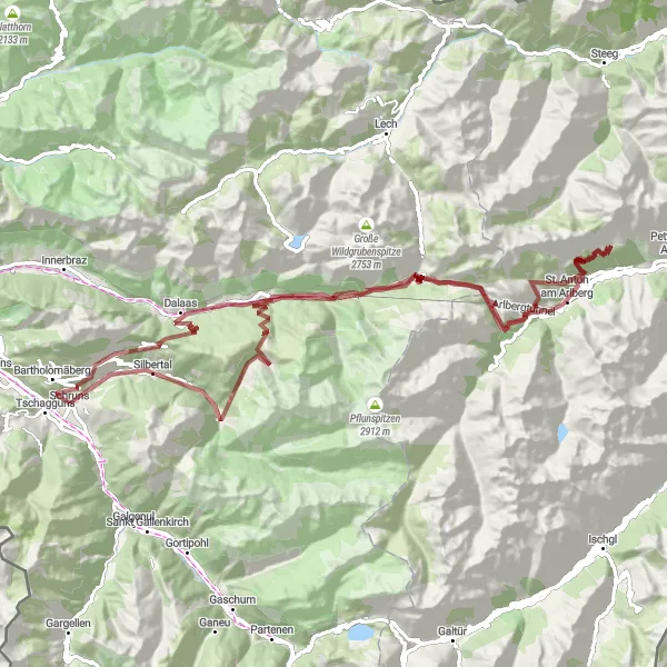 Zemljevid v pomanjšavi "Gravel na Arlbergu" kolesarske inspiracije v Vorarlberg, Austria. Generirano z načrtovalcem kolesarskih poti Tarmacs.app