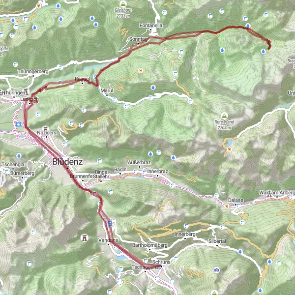 Kartminiatyr av "Mountainous Gravel Adventure" cykelinspiration i Vorarlberg, Austria. Genererad av Tarmacs.app cykelruttplanerare