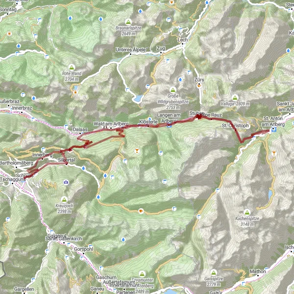 Miniature de la carte de l'inspiration cycliste "Randonnée en gravel: les sommets du Vorarlberg" dans la Vorarlberg, Austria. Générée par le planificateur d'itinéraire cycliste Tarmacs.app