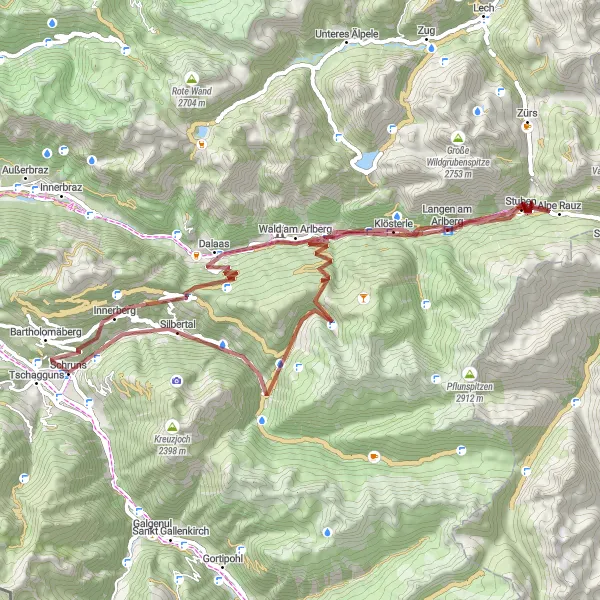 Miniature de la carte de l'inspiration cycliste "Défi en gravel dans les vallées alpines" dans la Vorarlberg, Austria. Générée par le planificateur d'itinéraire cycliste Tarmacs.app
