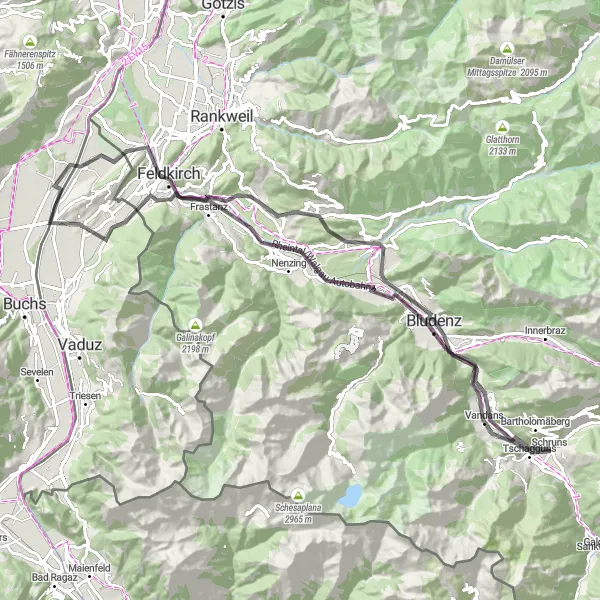 Karttaminiaatyyri "Alppien sydänreitti" pyöräilyinspiraatiosta alueella Vorarlberg, Austria. Luotu Tarmacs.app pyöräilyreittisuunnittelijalla