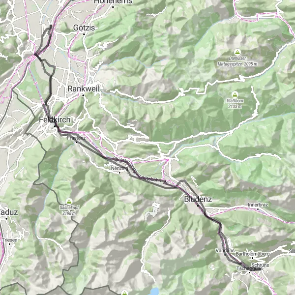Zemljevid v pomanjšavi "Kolesarska pot okoli Schrunsa - Cesta" kolesarske inspiracije v Vorarlberg, Austria. Generirano z načrtovalcem kolesarskih poti Tarmacs.app