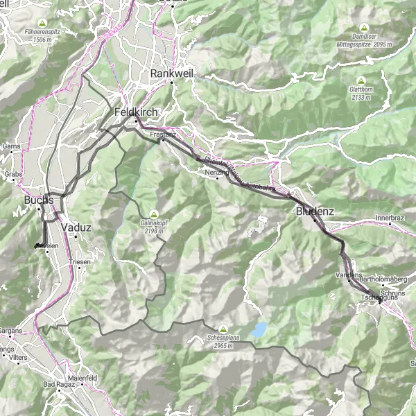 Miniatua del mapa de inspiración ciclista "Ruta de ciclismo de carretera desde Schruns" en Vorarlberg, Austria. Generado por Tarmacs.app planificador de rutas ciclistas