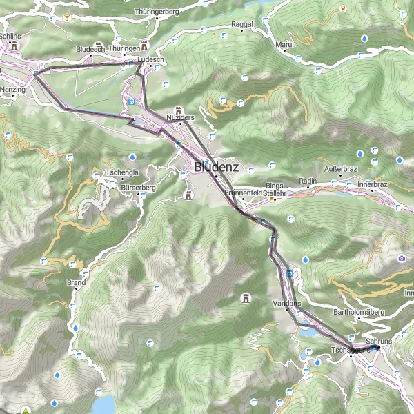 Miniature de la carte de l'inspiration cycliste "Balade tranquille à Bludenz" dans la Vorarlberg, Austria. Générée par le planificateur d'itinéraire cycliste Tarmacs.app