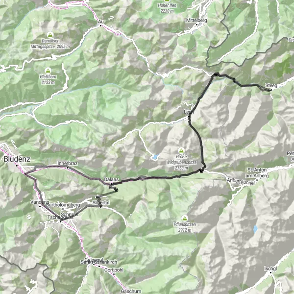 Miniature de la carte de l'inspiration cycliste "Tour épique à vélo à travers les Alpes autrichiennes" dans la Vorarlberg, Austria. Générée par le planificateur d'itinéraire cycliste Tarmacs.app