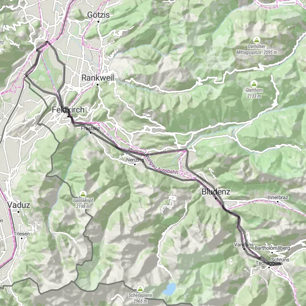 Miniature de la carte de l'inspiration cycliste "Route pittoresque de Feldkirch" dans la Vorarlberg, Austria. Générée par le planificateur d'itinéraire cycliste Tarmacs.app