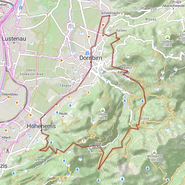 Miniatua del mapa de inspiración ciclista "Ruta de grava panorámica en Vorarlberg" en Vorarlberg, Austria. Generado por Tarmacs.app planificador de rutas ciclistas